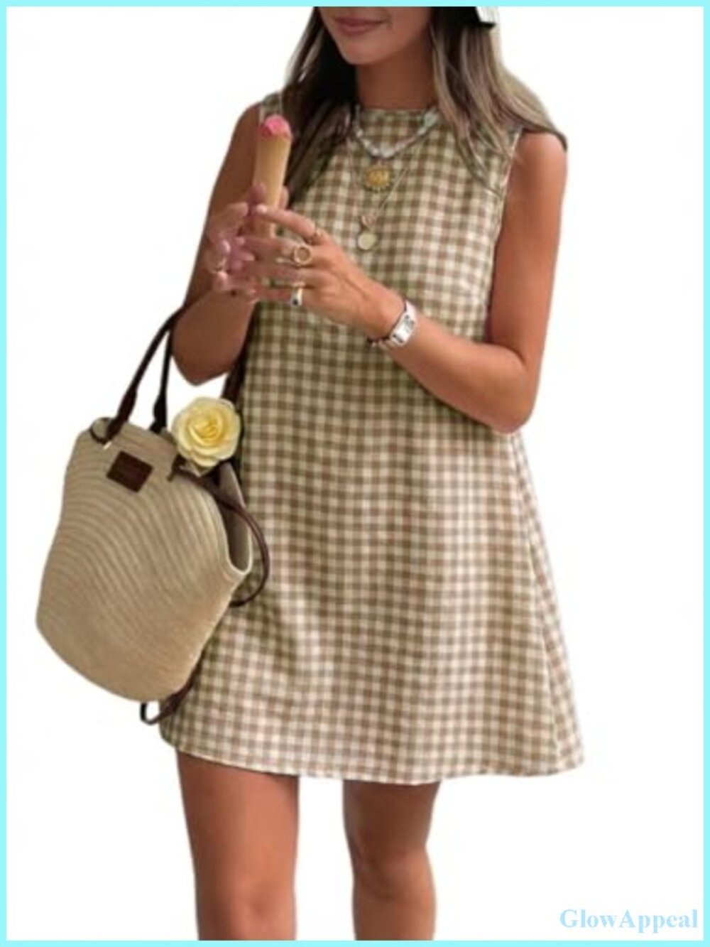 Womens Gingham Mini Dress Cotton Sleeveless High Neck Summer Casual Sundress